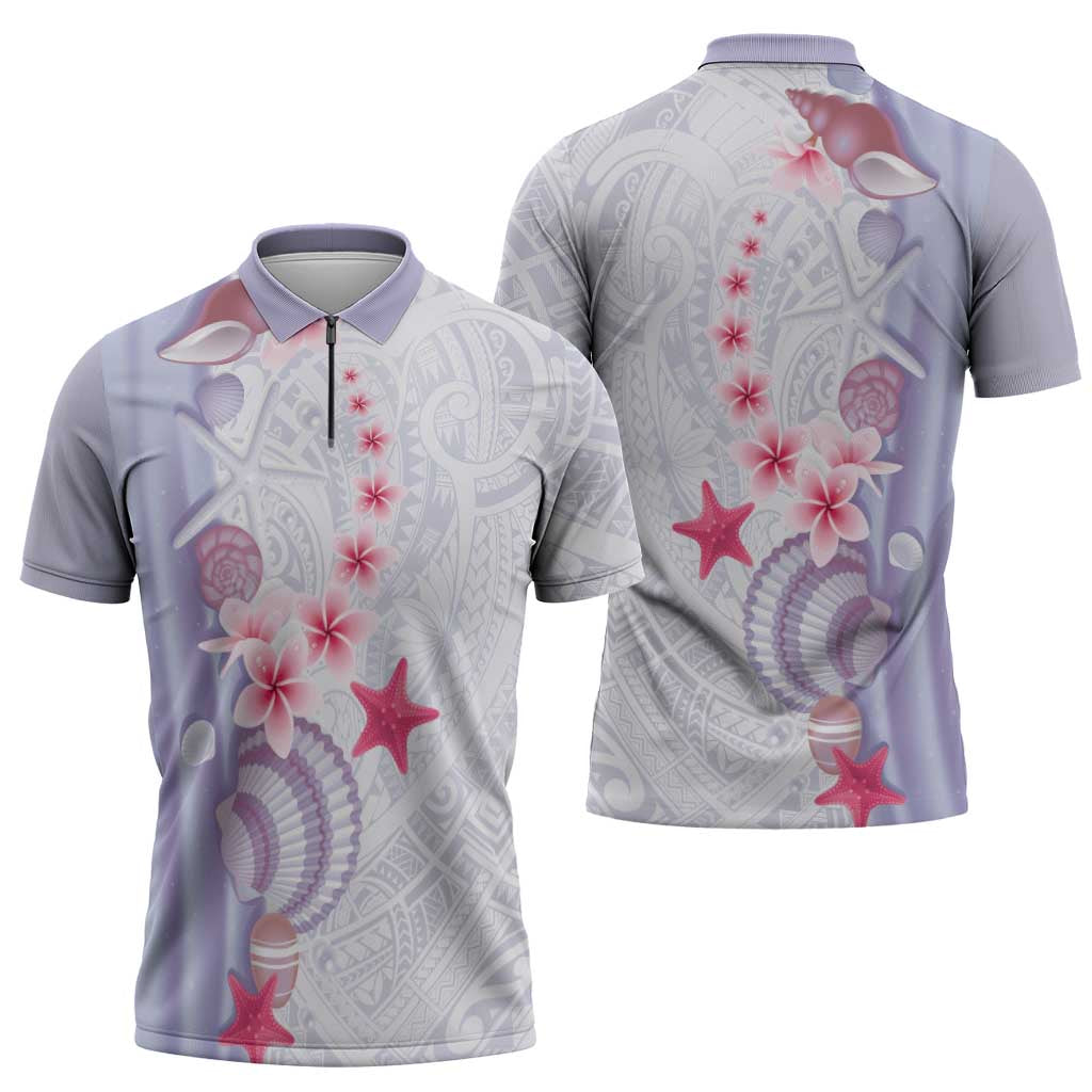 Purple Plumeria Sea Shell Zipper Polo Shirt Starfish Polynesian Pattern LT01 - Polynesian Pride