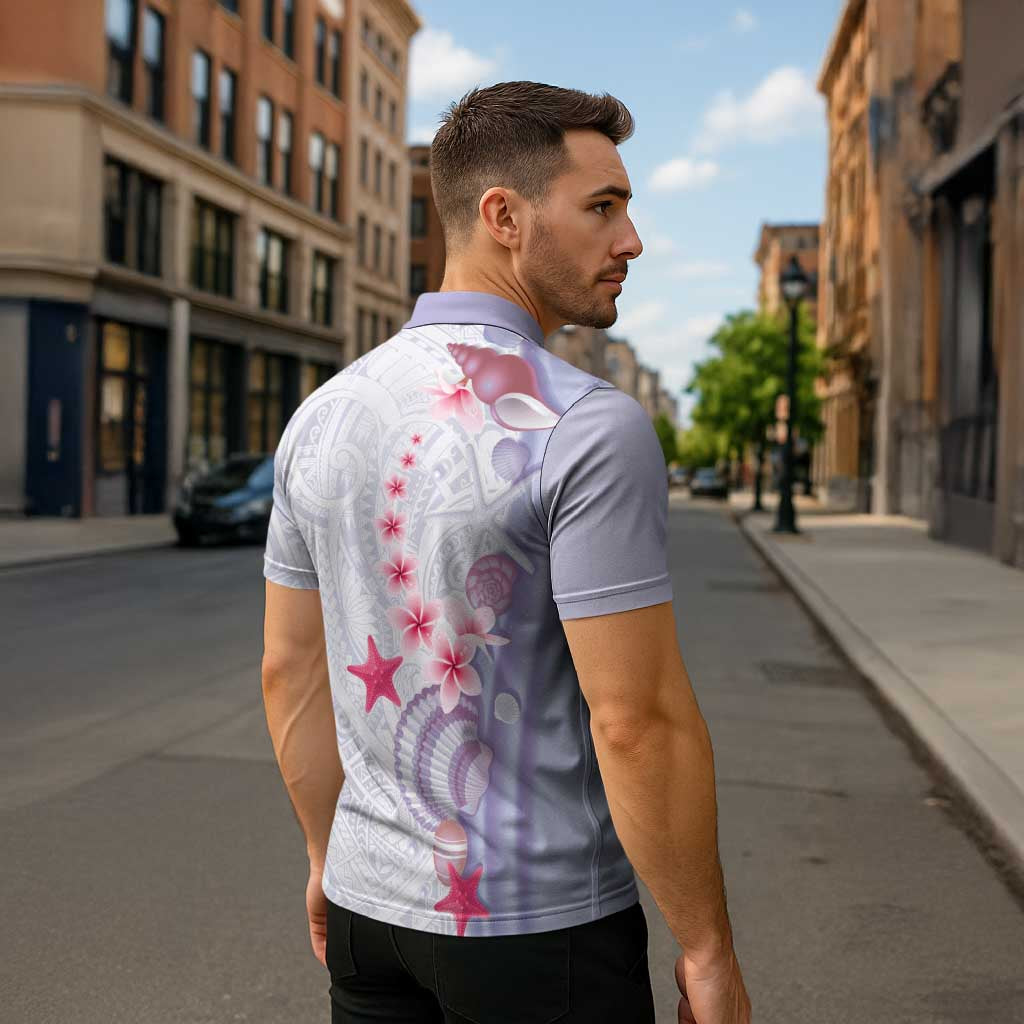 Purple Plumeria Sea Shell Zipper Polo Shirt Starfish Polynesian Pattern LT01 - Polynesian Pride