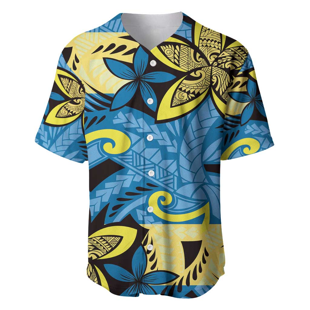 Plumeria Polynesian Pattern Baseball Jersey Unique Fantasy Blue Yellow