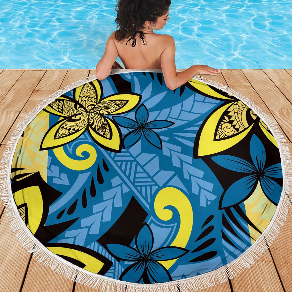 Plumeria Polynesian Pattern Beach Blanket Unique Fantasy Blue Yellow LT01 - Polynesian Pride