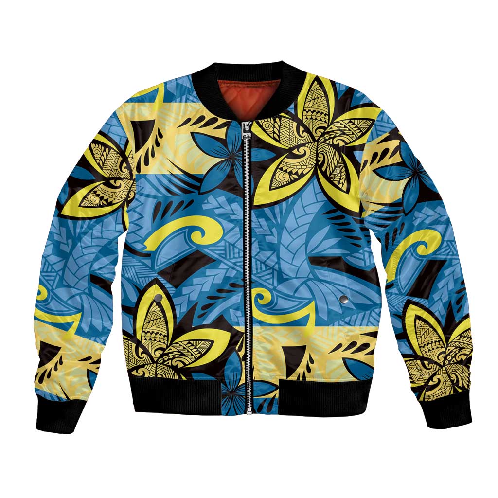 Plumeria Polynesian Pattern Bomber Jacket Unique Fantasy Blue Yellow