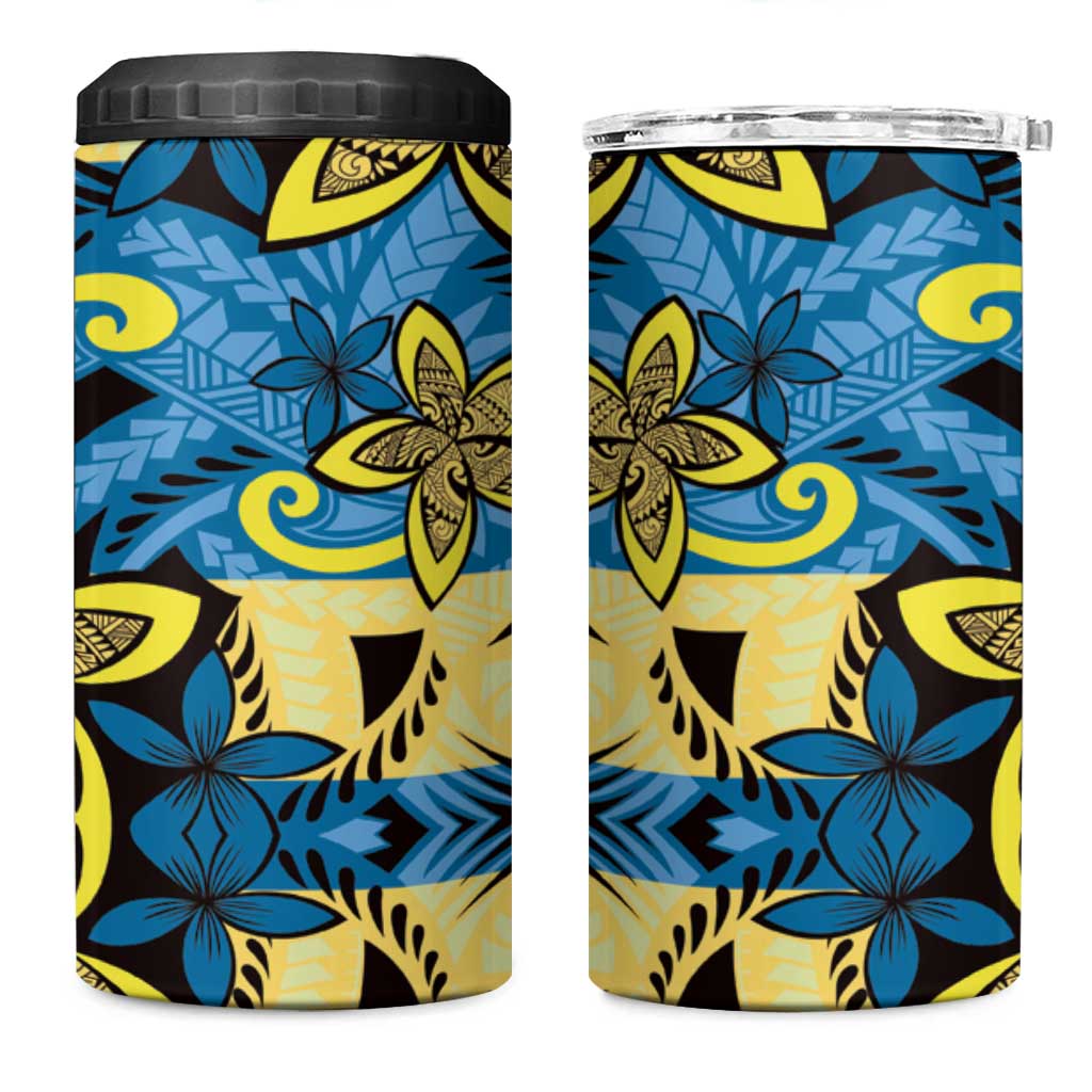Plumeria Polynesian Pattern 4 in 1 Can Cooler Tumbler Unique Fantasy Blue Yellow LT01 One Size: 16 oz Blue - Polynesian Pride
