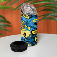 Plumeria Polynesian Pattern 4 in 1 Can Cooler Tumbler Unique Fantasy Blue Yellow LT01 - Polynesian Pride