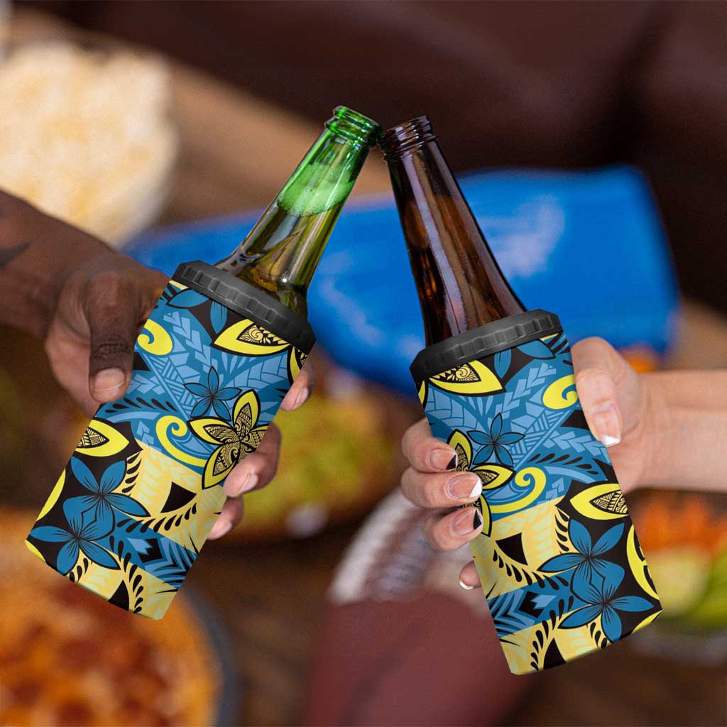 Plumeria Polynesian Pattern 4 in 1 Can Cooler Tumbler Unique Fantasy Blue Yellow LT01 - Polynesian Pride