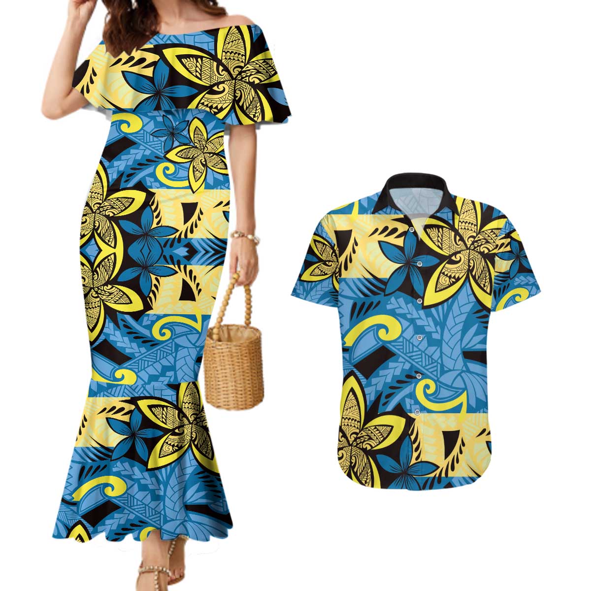 Plumeria Polynesian Pattern Couples Matching Mermaid Dress and Hawaiian Shirt Unique Fantasy Blue Yellow LT01 Blue - Polynesian Pride
