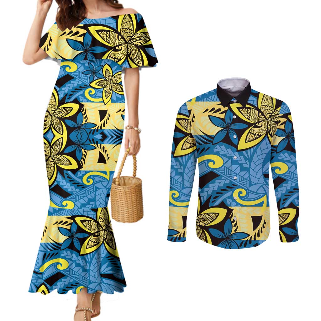 Plumeria Polynesian Pattern Couples Matching Mermaid Dress and Long Sleeve Button Shirt Unique Fantasy Blue Yellow LT01 Blue - Polynesian Pride