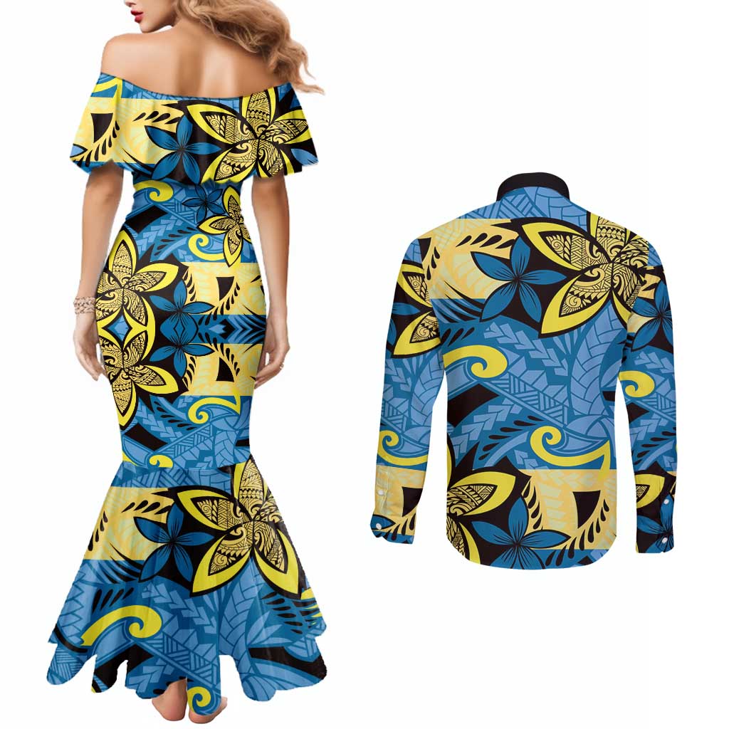 Plumeria Polynesian Pattern Couples Matching Mermaid Dress and Long Sleeve Button Shirt Unique Fantasy Blue Yellow LT01 - Polynesian Pride