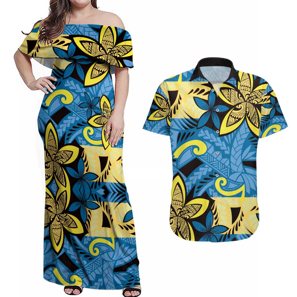 Plumeria Polynesian Pattern Couples Matching Off Shoulder Maxi Dress and Hawaiian Shirt Unique Fantasy Blue Yellow LT01 Blue - Polynesian Pride