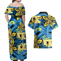 Plumeria Polynesian Pattern Couples Matching Off Shoulder Maxi Dress and Hawaiian Shirt Unique Fantasy Blue Yellow LT01 - Polynesian Pride