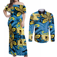Plumeria Polynesian Pattern Couples Matching Off Shoulder Maxi Dress and Long Sleeve Button Shirt Unique Fantasy Blue Yellow LT01 Blue - Polynesian Pride