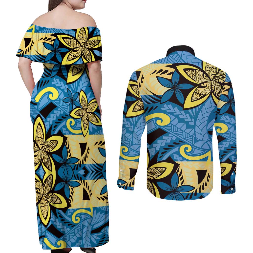 Plumeria Polynesian Pattern Couples Matching Off Shoulder Maxi Dress and Long Sleeve Button Shirt Unique Fantasy Blue Yellow LT01 - Polynesian Pride