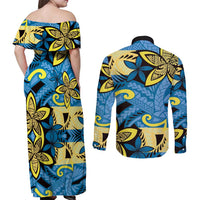 Plumeria Polynesian Pattern Couples Matching Off Shoulder Maxi Dress and Long Sleeve Button Shirt Unique Fantasy Blue Yellow LT01 - Polynesian Pride
