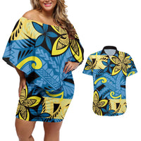 Plumeria Polynesian Pattern Couples Matching Off Shoulder Short Dress and Hawaiian Shirt Unique Fantasy Blue Yellow LT01 Blue - Polynesian Pride