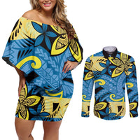 Plumeria Polynesian Pattern Couples Matching Off Shoulder Short Dress and Long Sleeve Button Shirt Unique Fantasy Blue Yellow LT01 Blue - Polynesian Pride