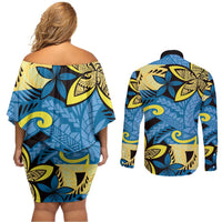 Plumeria Polynesian Pattern Couples Matching Off Shoulder Short Dress and Long Sleeve Button Shirt Unique Fantasy Blue Yellow LT01 - Polynesian Pride
