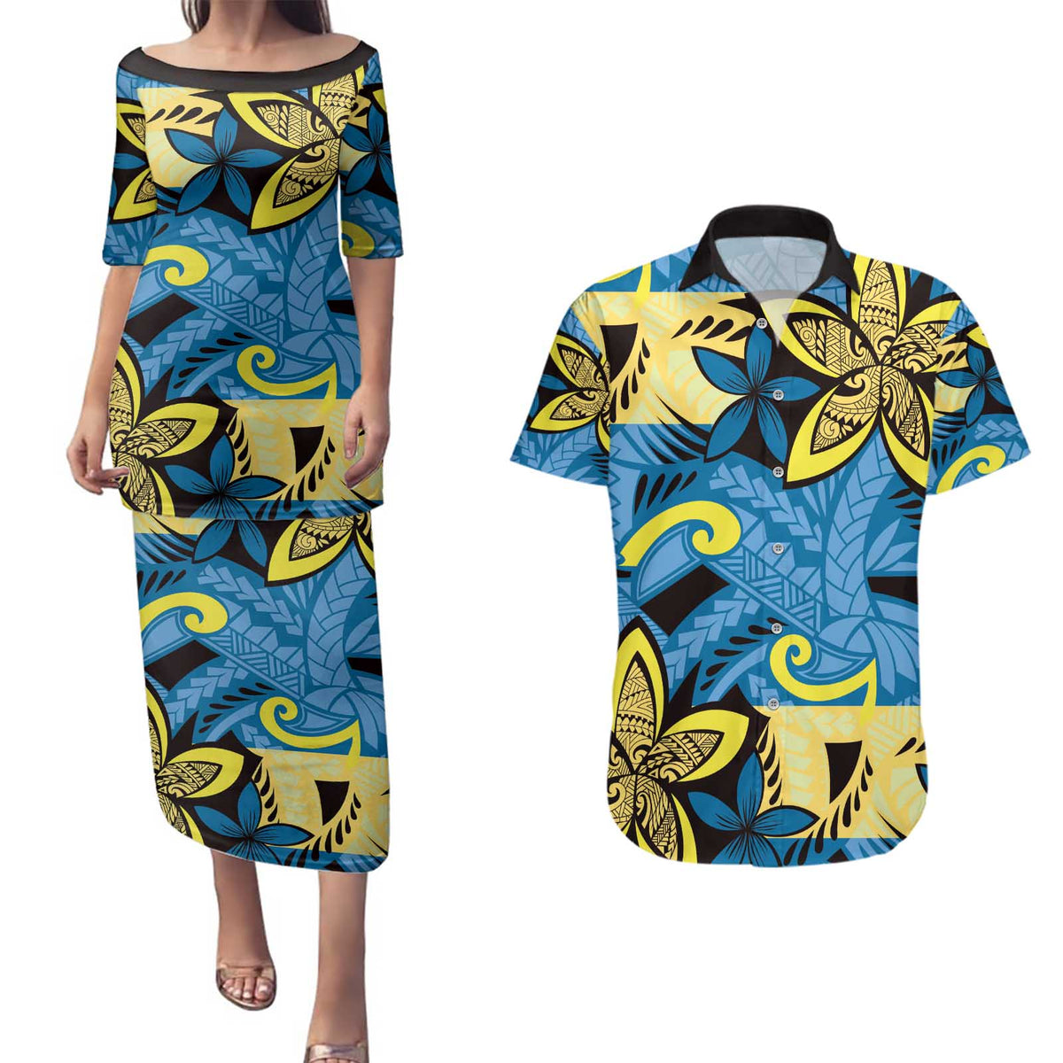 Plumeria Polynesian Pattern Couples Matching Puletasi and Hawaiian Shirt Unique Fantasy Blue Yellow LT01 Blue - Polynesian Pride