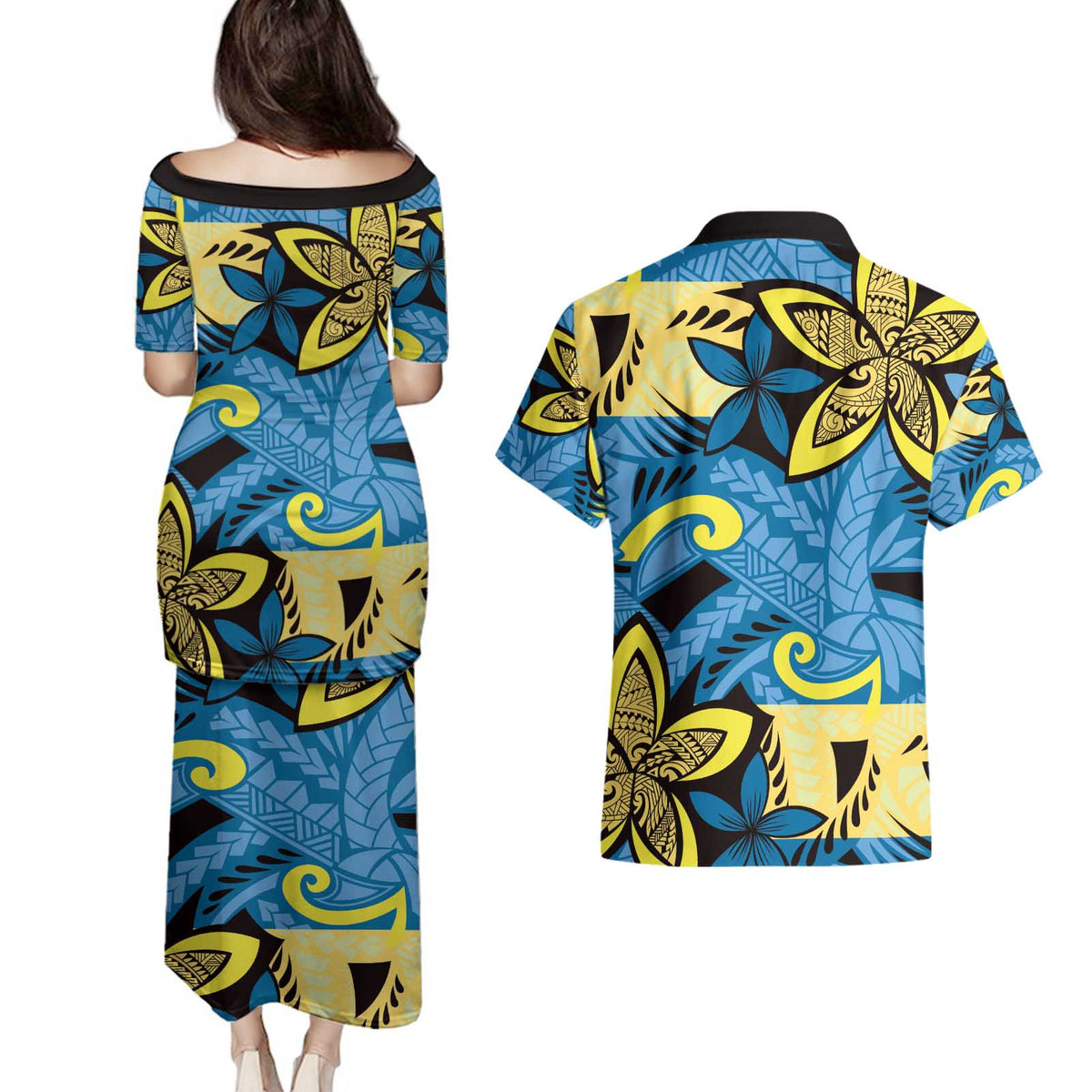 Plumeria Polynesian Pattern Couples Matching Puletasi and Hawaiian Shirt Unique Fantasy Blue Yellow LT01 - Polynesian Pride