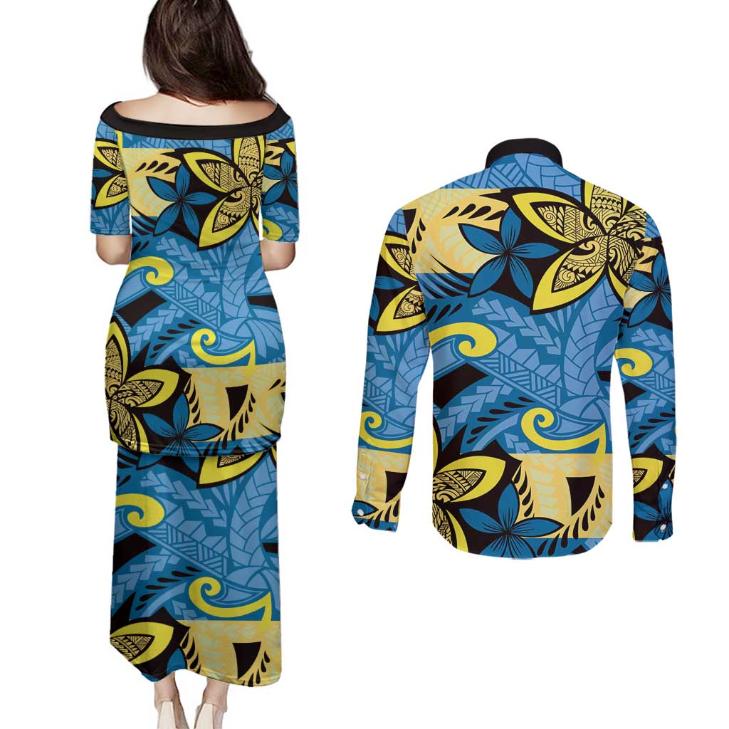Plumeria Polynesian Pattern Couples Matching Puletasi and Long Sleeve Button Shirt Unique Fantasy Blue Yellow LT01 - Polynesian Pride