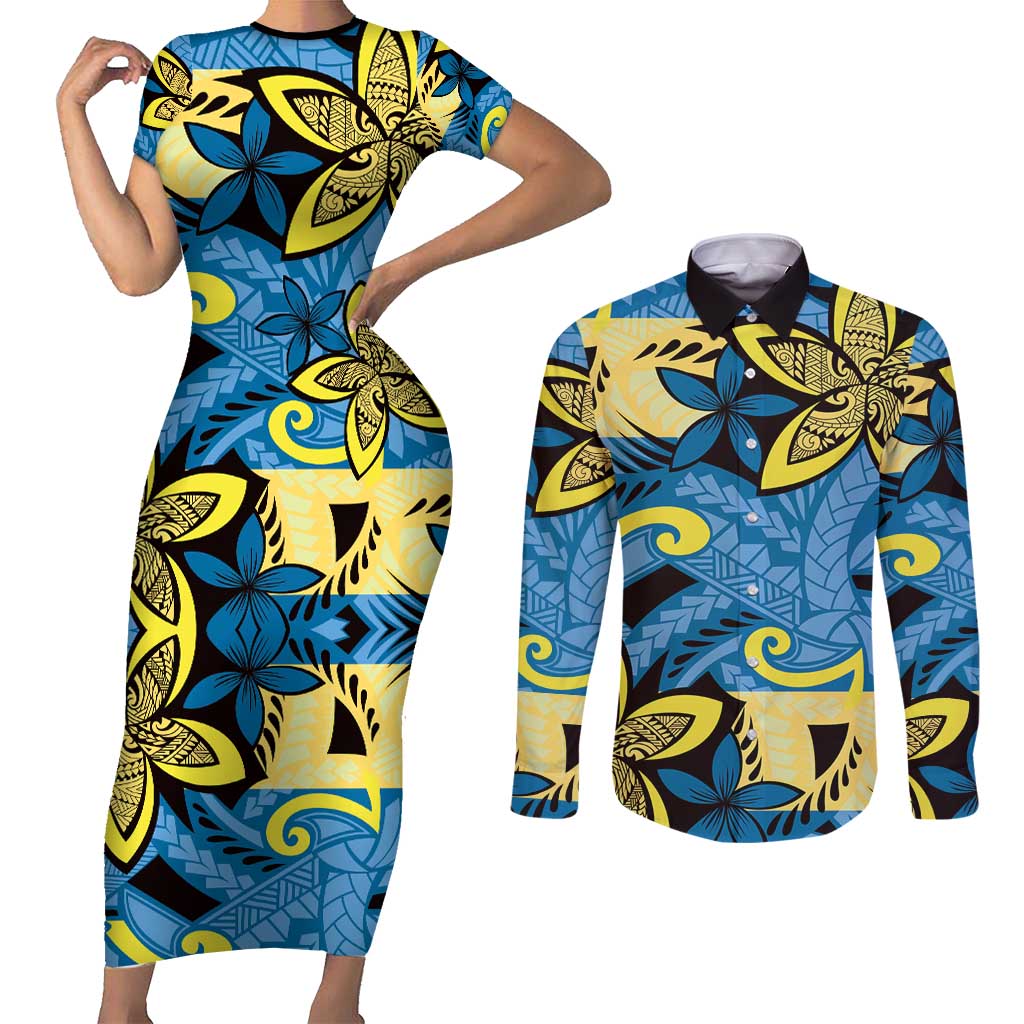 Plumeria Polynesian Pattern Couples Matching Short Sleeve Bodycon Dress and Long Sleeve Button Shirt Unique Fantasy Blue Yellow