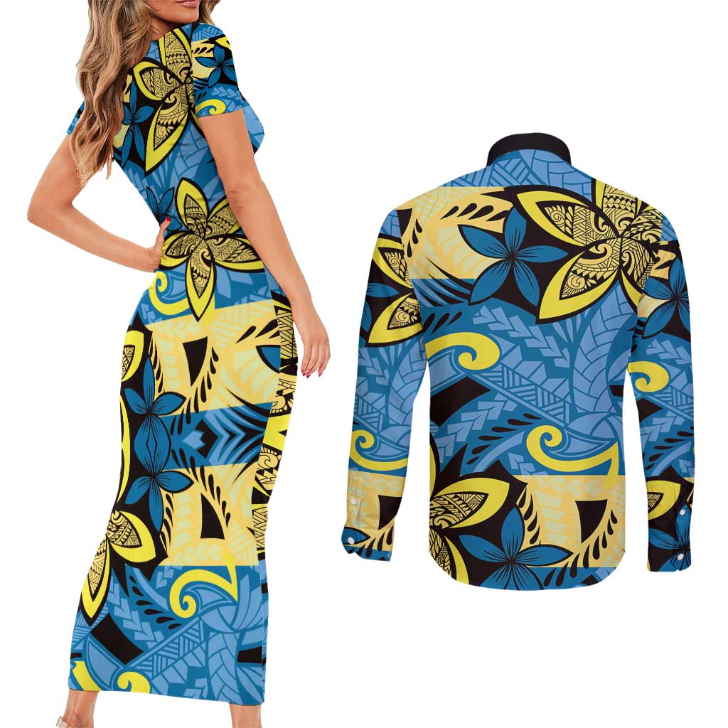 Plumeria Polynesian Pattern Couples Matching Short Sleeve Bodycon Dress and Long Sleeve Button Shirt Unique Fantasy Blue Yellow