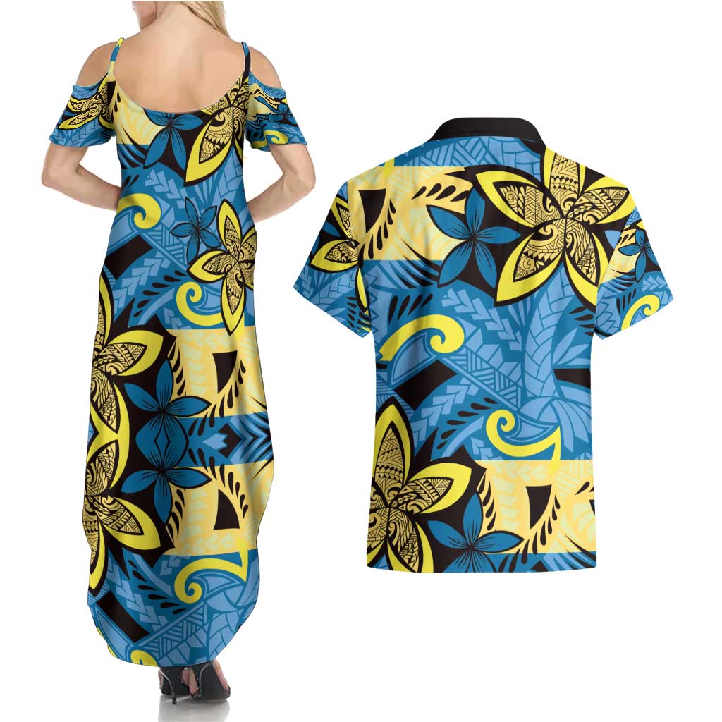 Plumeria Polynesian Pattern Couples Matching Summer Maxi Dress and Hawaiian Shirt Unique Fantasy Blue Yellow LT01 - Polynesian Pride