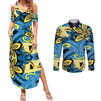 Plumeria Polynesian Pattern Couples Matching Summer Maxi Dress and Long Sleeve Button Shirt Unique Fantasy Blue Yellow LT01 Blue - Polynesian Pride