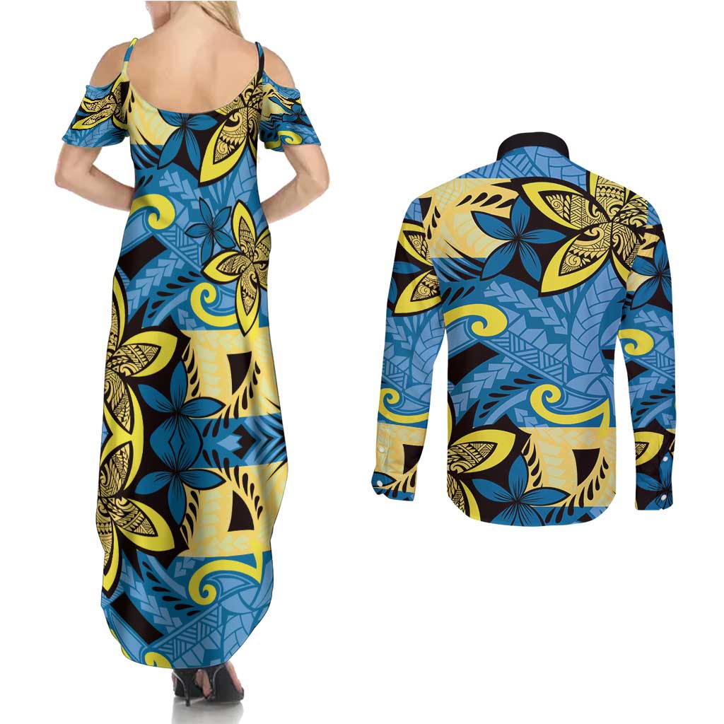 Plumeria Polynesian Pattern Couples Matching Summer Maxi Dress and Long Sleeve Button Shirt Unique Fantasy Blue Yellow LT01 - Polynesian Pride