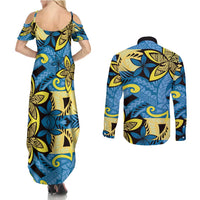 Plumeria Polynesian Pattern Couples Matching Summer Maxi Dress and Long Sleeve Button Shirt Unique Fantasy Blue Yellow LT01 - Polynesian Pride