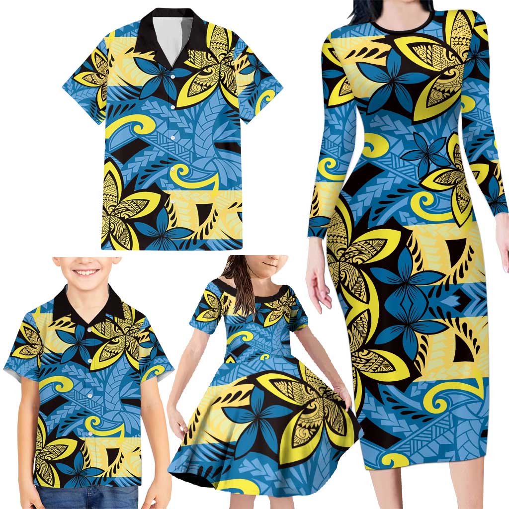 Plumeria Polynesian Pattern Family Matching Long Sleeve Bodycon Dress and Hawaiian Shirt Unique Fantasy Blue Yellow