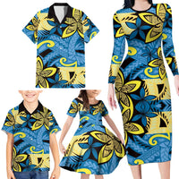 Plumeria Polynesian Pattern Family Matching Long Sleeve Bodycon Dress and Hawaiian Shirt Unique Fantasy Blue Yellow