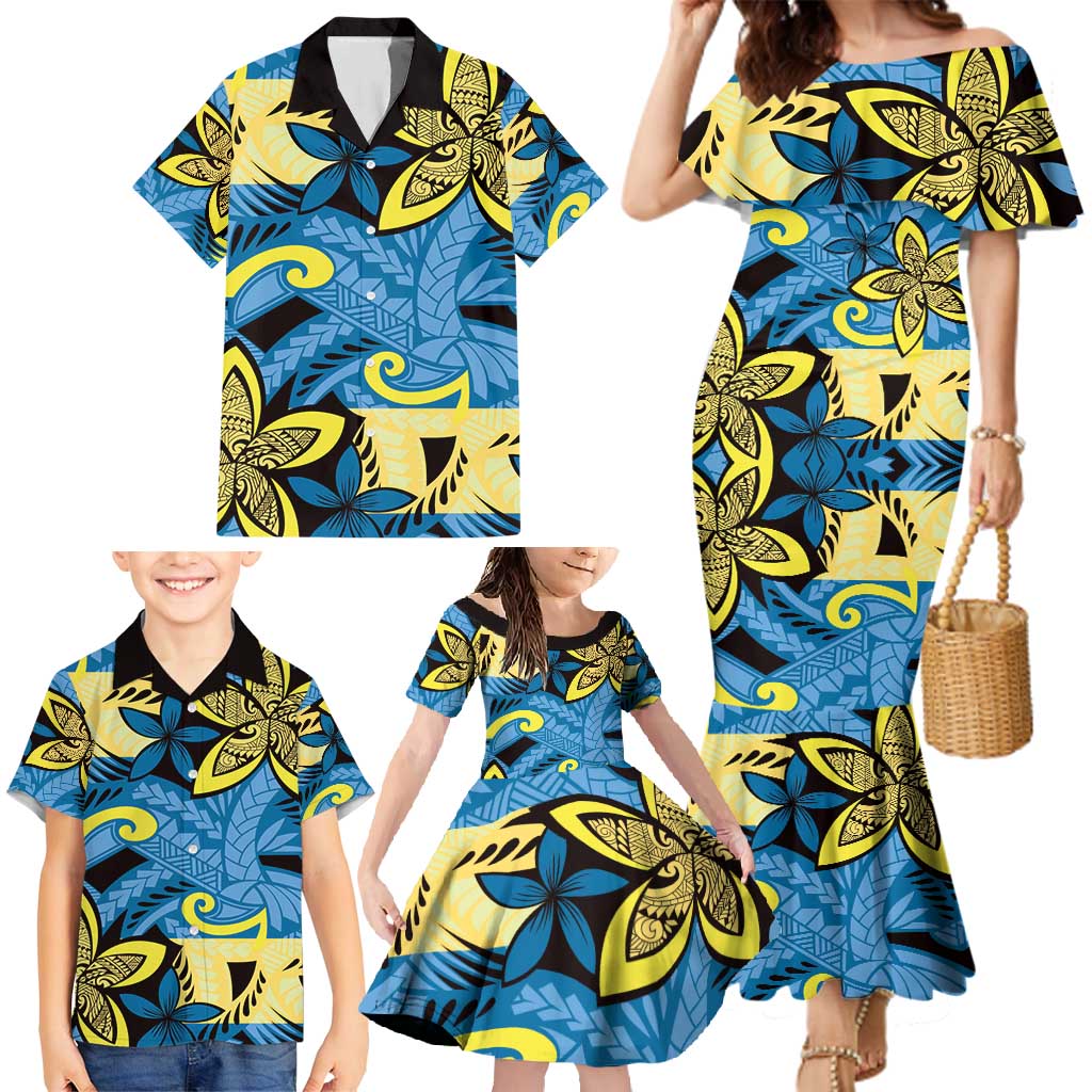 Plumeria Polynesian Pattern Family Matching Mermaid Dress and Hawaiian Shirt Unique Fantasy Blue Yellow