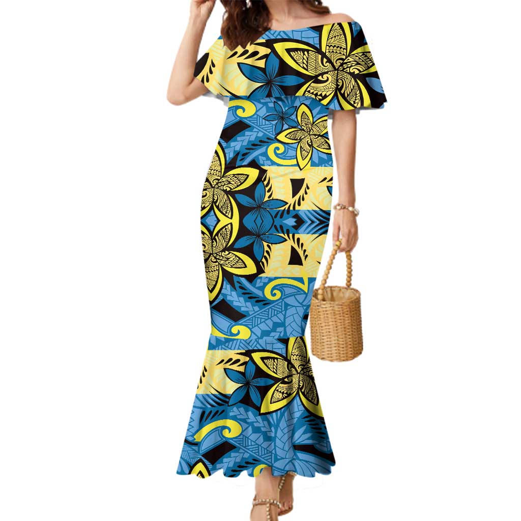 Plumeria Polynesian Pattern Family Matching Mermaid Dress and Hawaiian Shirt Unique Fantasy Blue Yellow