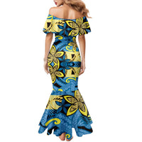 Plumeria Polynesian Pattern Family Matching Mermaid Dress and Hawaiian Shirt Unique Fantasy Blue Yellow
