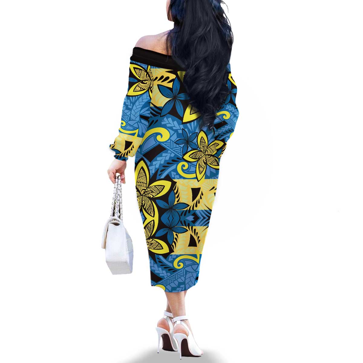 Plumeria Polynesian Pattern Family Matching Off The Shoulder Long Sleeve Dress and Hawaiian Shirt Unique Fantasy Blue Yellow
