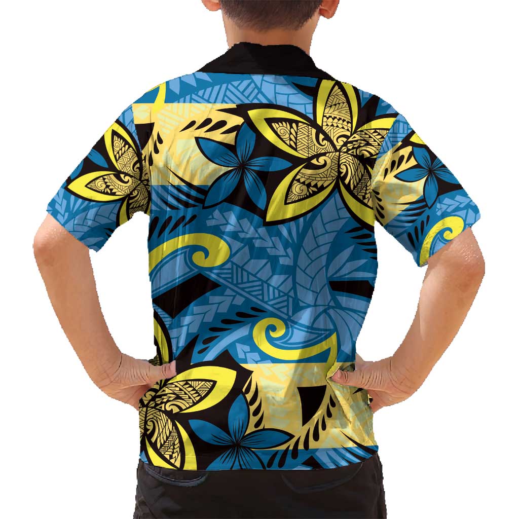 Plumeria Polynesian Pattern Family Matching Off Shoulder Maxi Dress and Hawaiian Shirt Unique Fantasy Blue Yellow