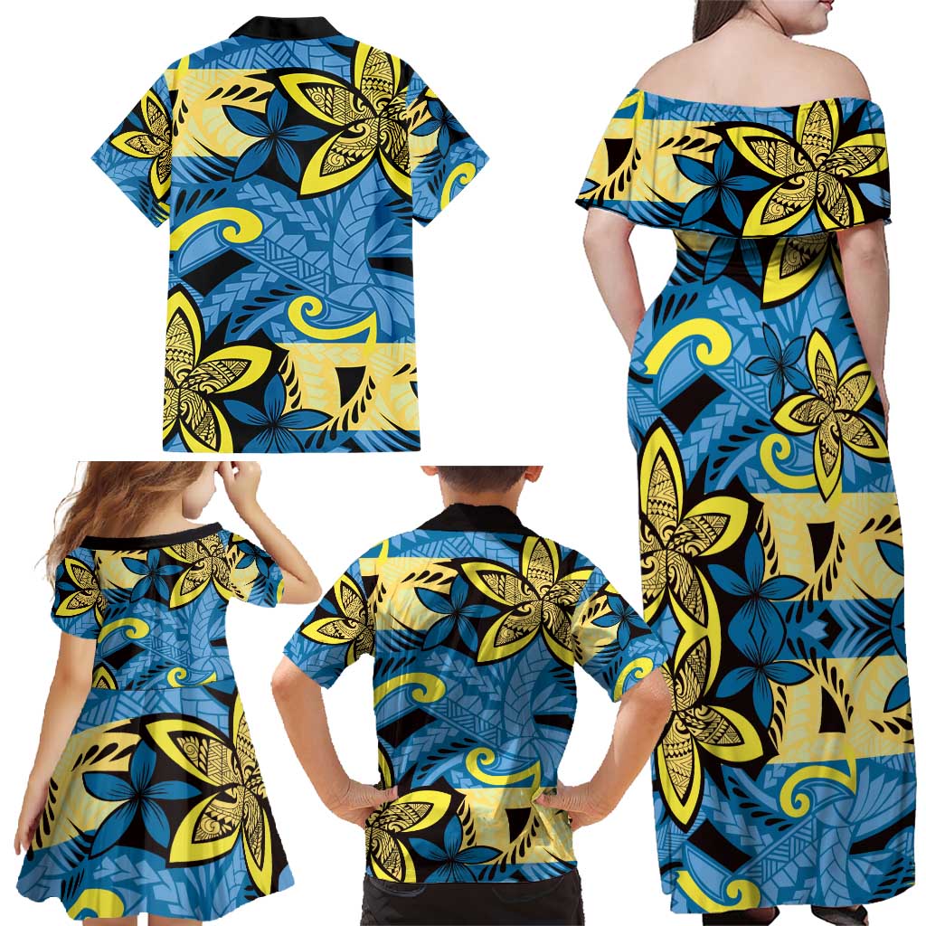 Plumeria Polynesian Pattern Family Matching Off Shoulder Maxi Dress and Hawaiian Shirt Unique Fantasy Blue Yellow
