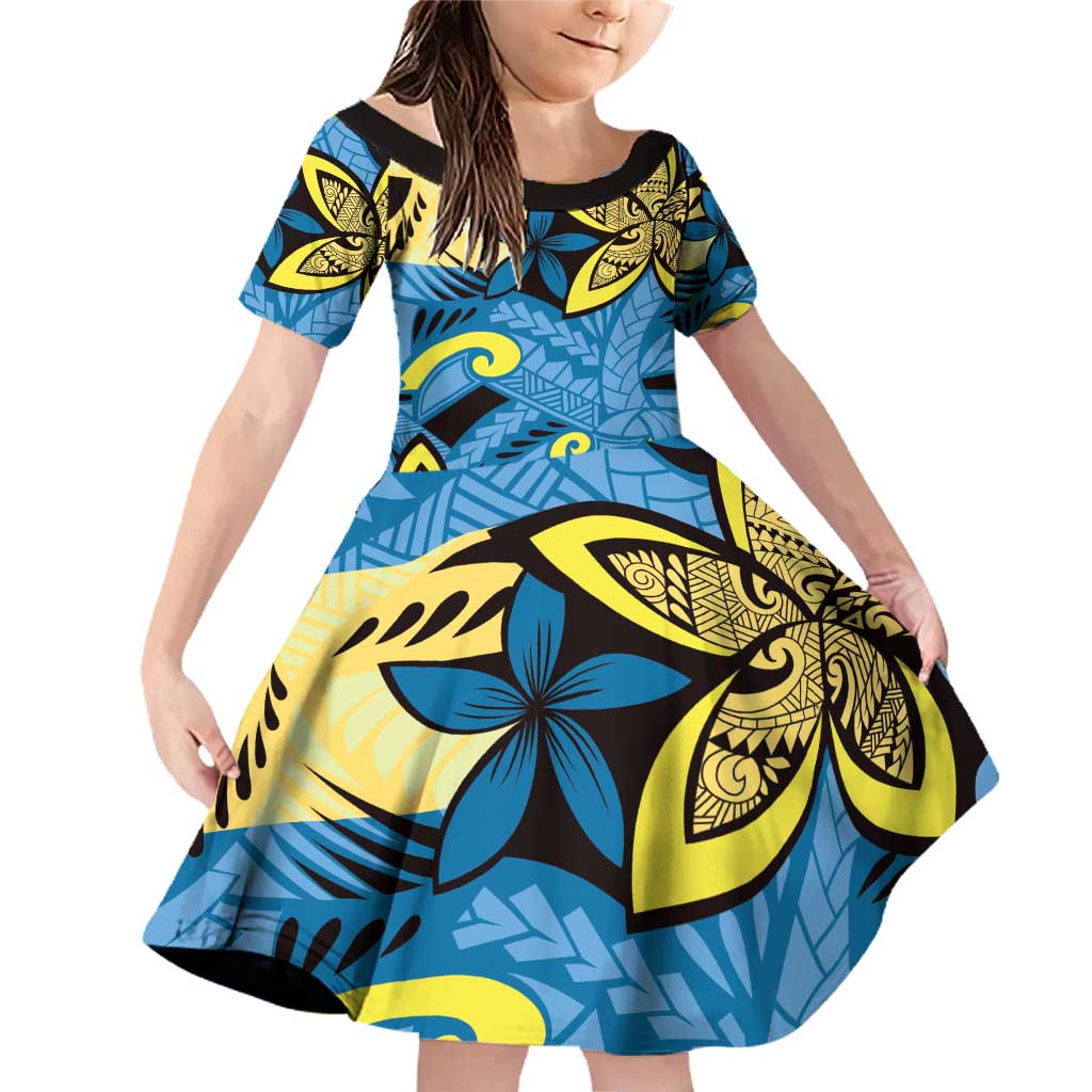 Plumeria Polynesian Pattern Family Matching Off Shoulder Short Dress and Hawaiian Shirt Unique Fantasy Blue Yellow