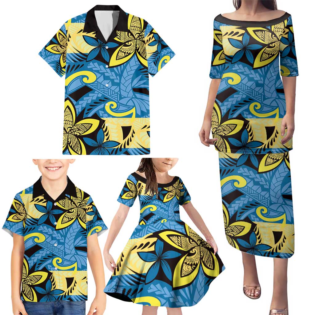 Plumeria Polynesian Pattern Family Matching Puletasi and Hawaiian Shirt Unique Fantasy Blue Yellow