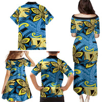 Plumeria Polynesian Pattern Family Matching Puletasi and Hawaiian Shirt Unique Fantasy Blue Yellow