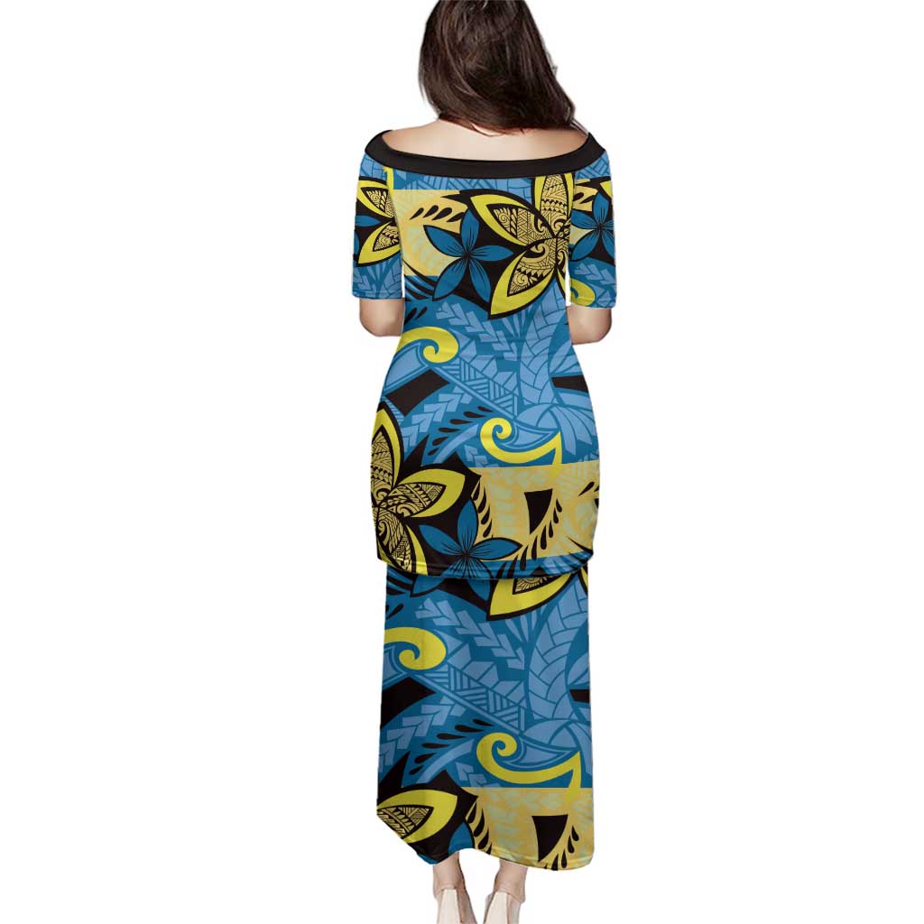 Plumeria Polynesian Pattern Family Matching Puletasi and Hawaiian Shirt Unique Fantasy Blue Yellow
