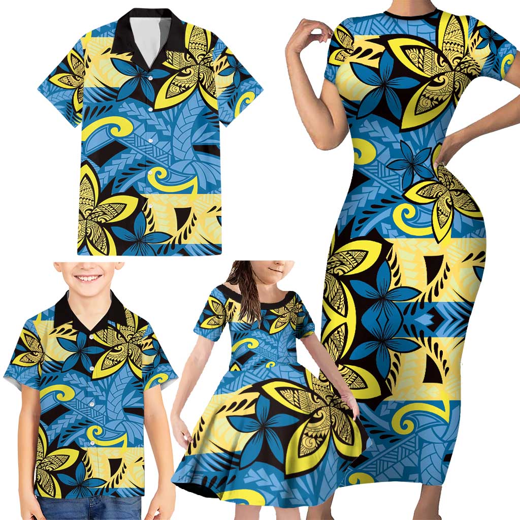 Plumeria Polynesian Pattern Family Matching Short Sleeve Bodycon Dress and Hawaiian Shirt Unique Fantasy Blue Yellow