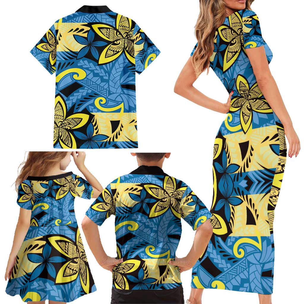 Plumeria Polynesian Pattern Family Matching Short Sleeve Bodycon Dress and Hawaiian Shirt Unique Fantasy Blue Yellow