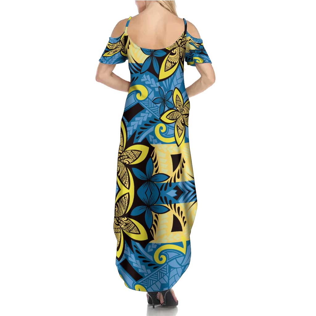Plumeria Polynesian Pattern Family Matching Summer Maxi Dress and Hawaiian Shirt Unique Fantasy Blue Yellow