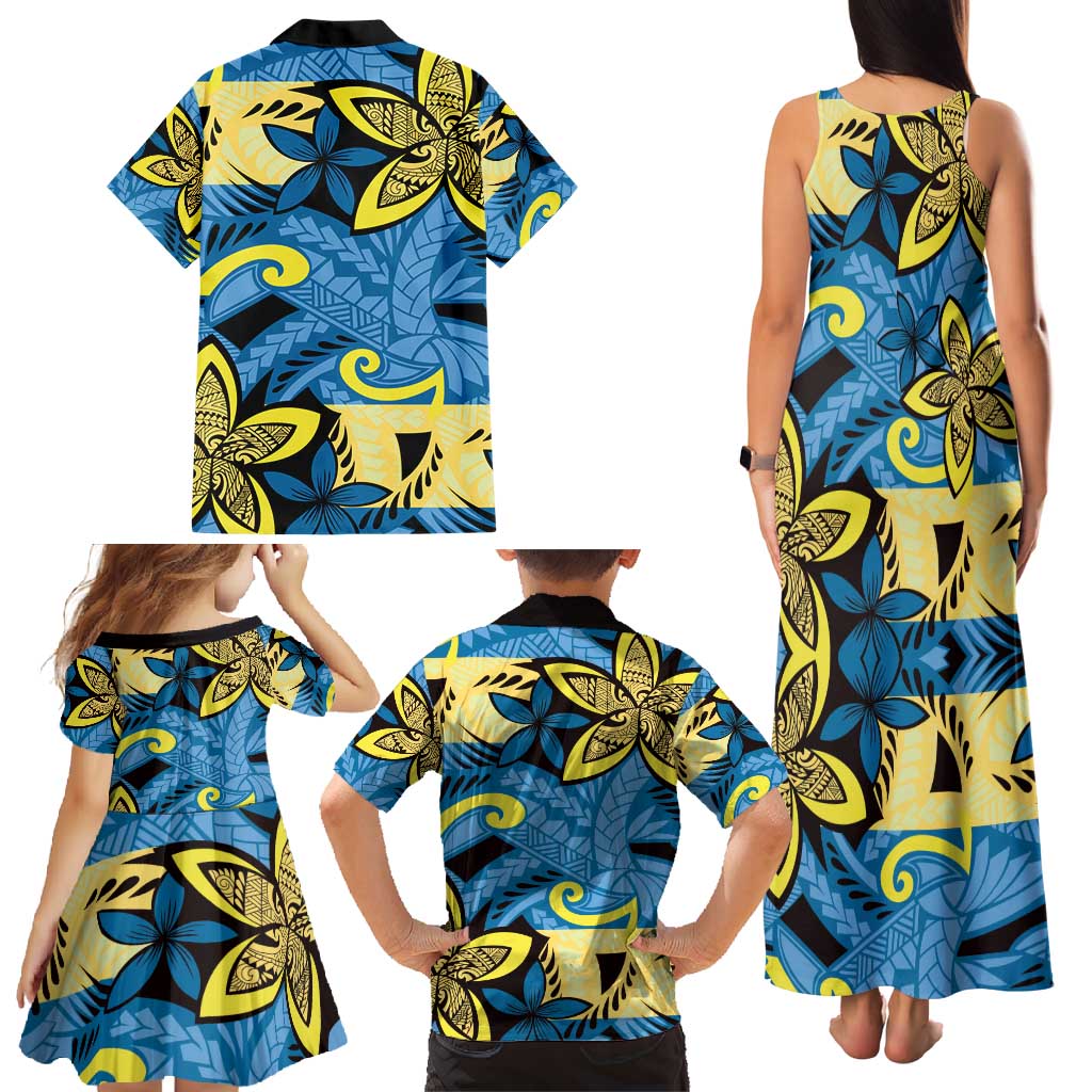Plumeria Polynesian Pattern Family Matching Tank Maxi Dress and Hawaiian Shirt Unique Fantasy Blue Yellow