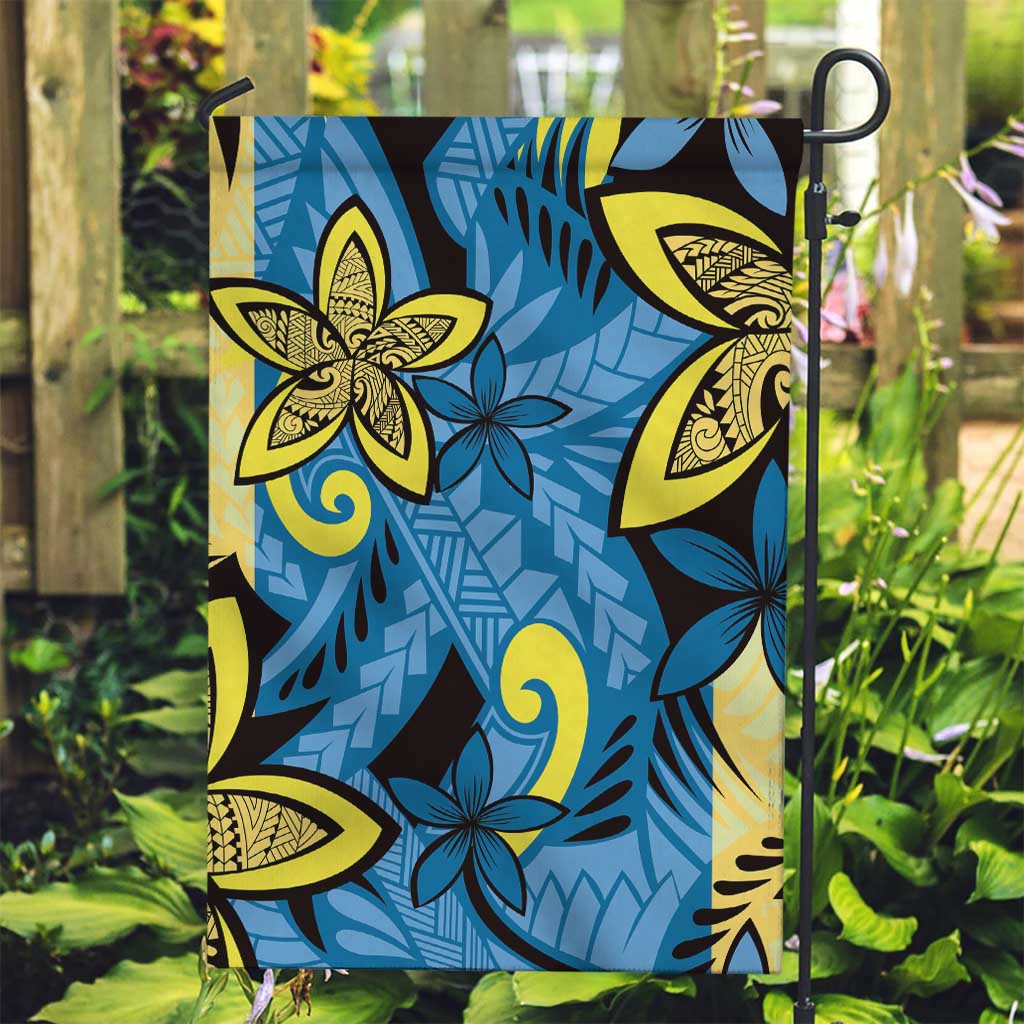 Plumeria Polynesian Pattern Garden Flag Unique Fantasy Blue Yellow