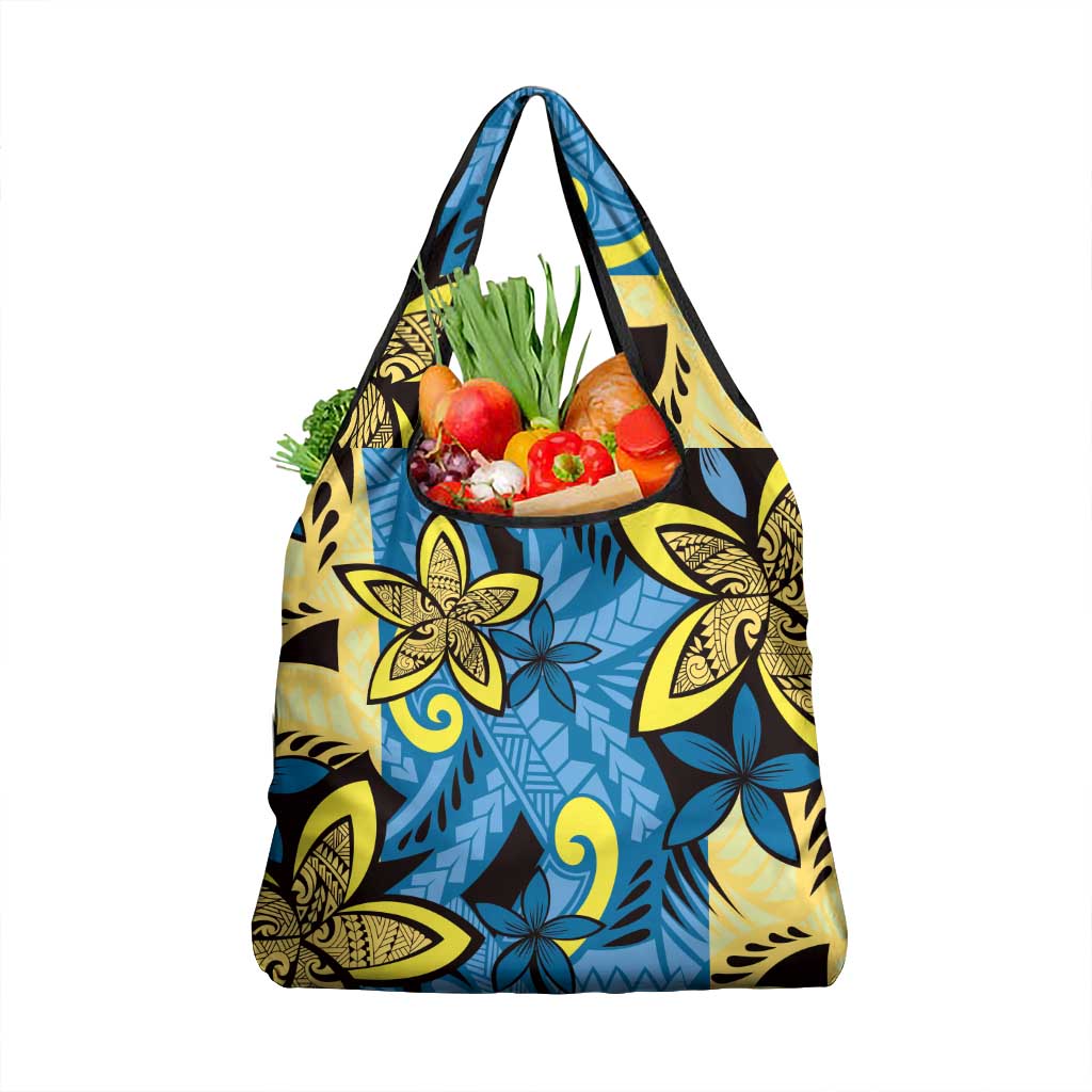 Plumeria Polynesian Pattern Grocery Bag Unique Fantasy Blue Yellow