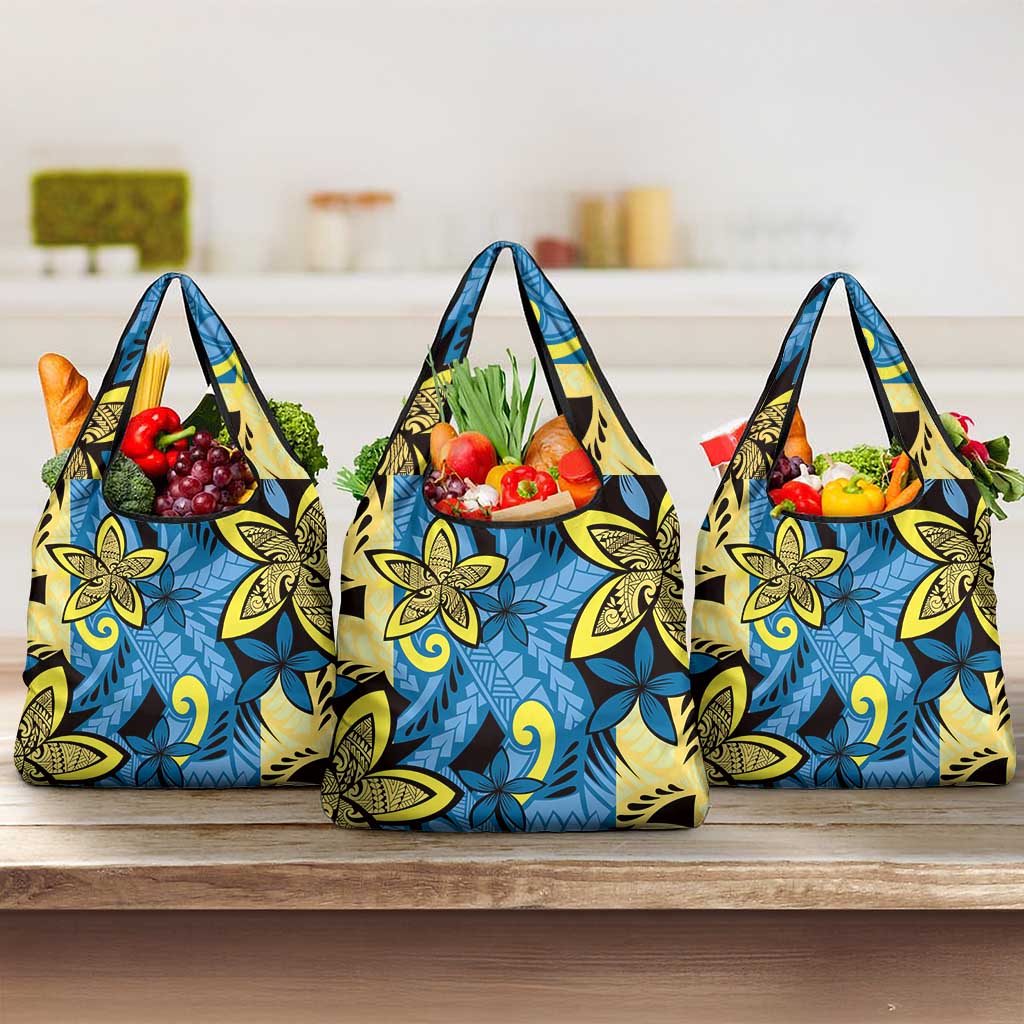 Plumeria Polynesian Pattern Grocery Bag Unique Fantasy Blue Yellow
