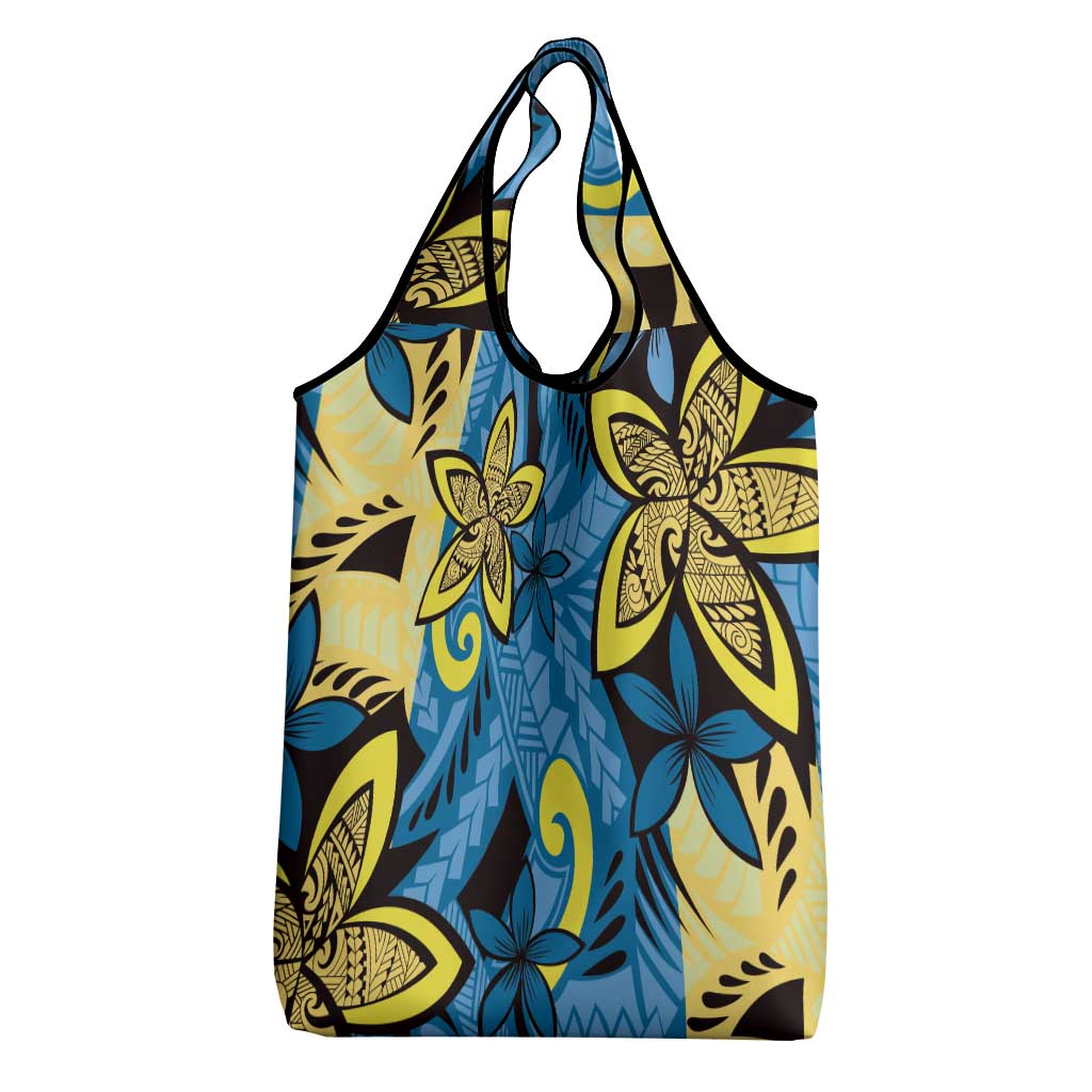 Plumeria Polynesian Pattern Grocery Bag Unique Fantasy Blue Yellow