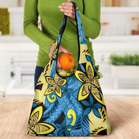 Plumeria Polynesian Pattern Grocery Bag Unique Fantasy Blue Yellow