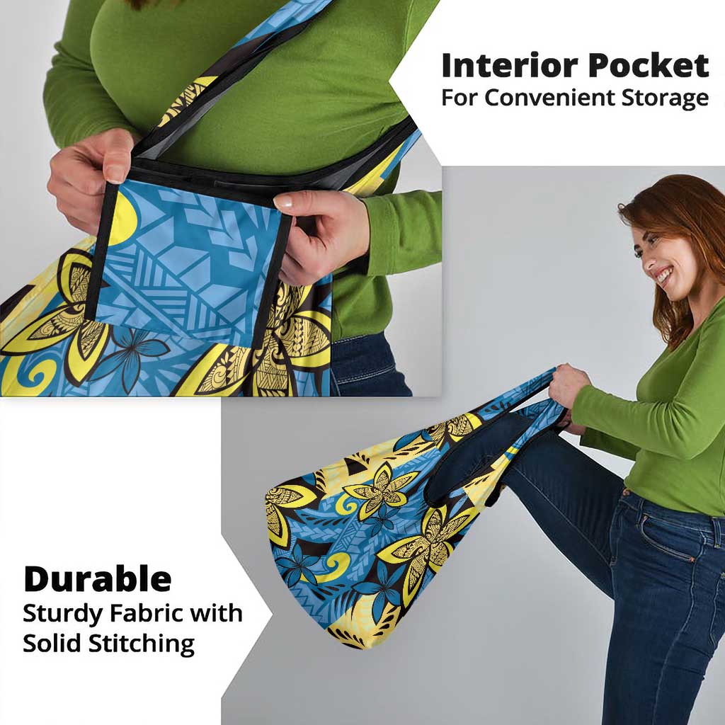 Plumeria Polynesian Pattern Grocery Bag Unique Fantasy Blue Yellow